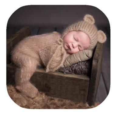 Imagem de Honra Roupas de fotografia para recém-nascidos, meninos, meninas, adereços, macacão com pés de urso, bonnet, sessões de fotos para bebês, acessórios para posar (Camel)