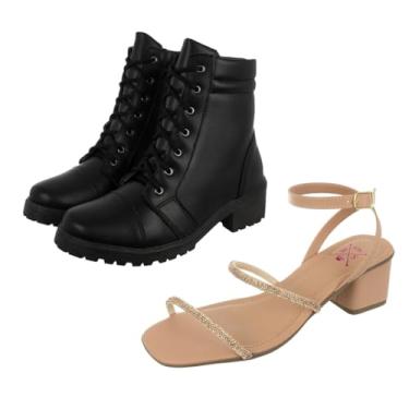 Imagem de Kit Sandália Feminina Salto Bloco Baixo Brilho + Coturno Tratorado Preto Bellinda Shoes (Nude, BR, Adulto, Numérico, 36)
