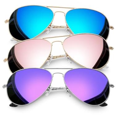 Imagem de Joopin Óculos de sol retangulares, óculos de sol clássicos militares para homens, óculos de sol de aviação de metal com proteção UV polarizada para fantasia, C47- Grande (azul + rosa + roxo), Normal