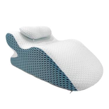 Imagem de Travesseiro de Apoio Aconchegante para Quem Dorme de Bruços com Capa Lavável, Branco e Azul