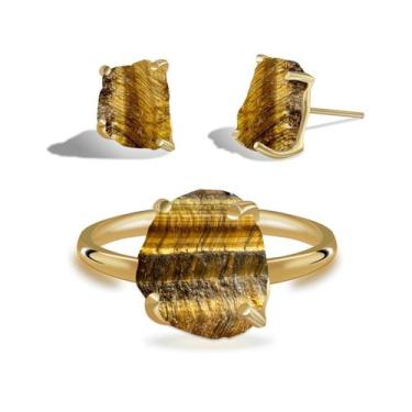 Imagem de Conjunto de Olho de Tigre - Cristal Natural, Banho Ouro 18k