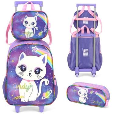 Imagem de Mochila Infantil Rodinhas Cindy com Lancheira e Estojo Roxo - Luxcel