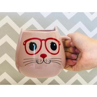Imagem de Caneca 3d Gato 500 Ml Porcelana Rosa Decorado - Neo Porcelanas