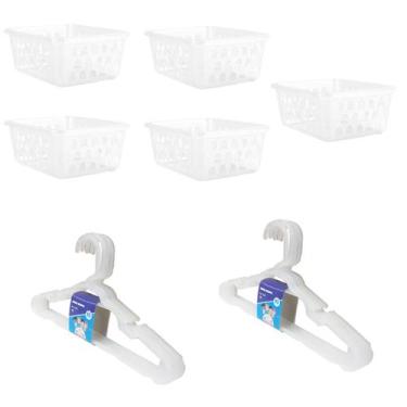 Imagem de Kit 5 Cestos Organizador Médio 20x15,5x6,5cm + 10 Cabides Transparente