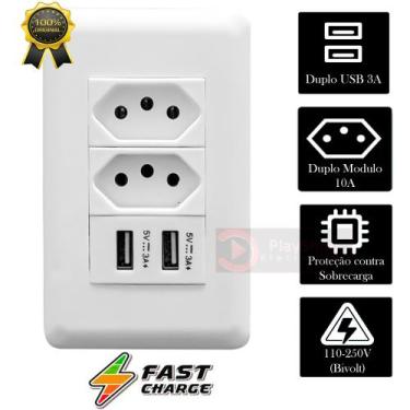 Imagem de Tomada De Parede Dupla 10A Com Espelho Branco 4x2 Com 2 Portas Usb 3A 