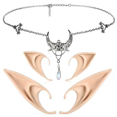 Imagem de FRESHME Orelhas de elfo com acessório de cabeça – 2 pares de orelhas de élfico de fada e conjunto de corrente de cabeça de lua vintage, Acessório de cabeça crescente prata, tamanho �nico