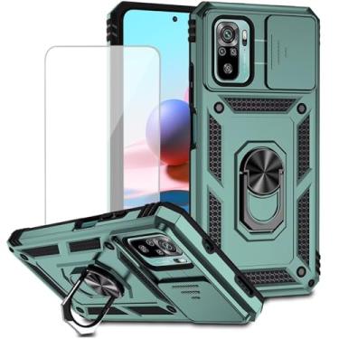 Imagem de Yodueiv Capa protetora para Redmi Note 10/Redmi Note 10S/Poco M5S com protetor de tela de vidro temperado e capa de câmera deslizante, anel magnético para carro para Xiaomi Redmi Note 10S verde