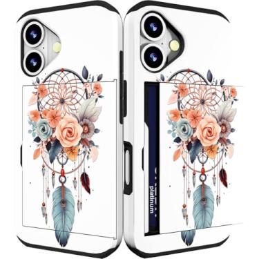 Imagem de IWONE Capa compatível com iPhone 16 fofa com porta-cartões à prova de choque Slim Slot Phone 16 capas carteira para mulheres/apanhador de sonhos flor pena feminina