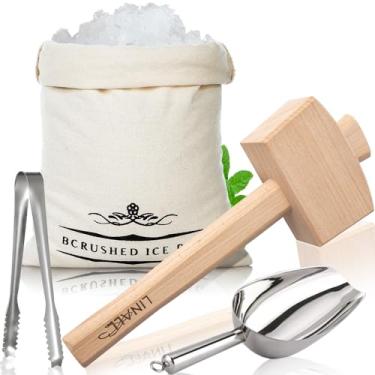 Imagem de Bolsa de gelo e martelo de gelo – Bolsa de linho de madeira e algodão para gelo triturado, kit de barman e acessórios de cozinha de ferramentas de bar – ICML0001, Madeira