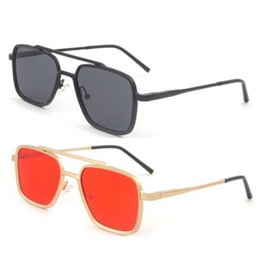 Imagem de Dollger Óculos de sol masculinos quadrados aviador mola dobradiça armação de metal óculos de sol femininos confortáveis punk óculos de sol masculinos, 2 pacotes: cinza + vermelho, Large