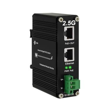 Imagem de Elenzk Injetor PoE 2,5 G - Injetor industrial PoE+ 2,5 Gigabit IEEE802.3 a 30W Adaptador POE endurecido com entrada DIN 12-48V DC, montagem na parede, caixa de metal de alumínio