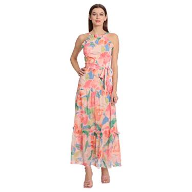 Imagem de Maggy London Maxi feminino plus size frente única de chiffon com detalhes de babados, Azul celeste/pêssego, 54