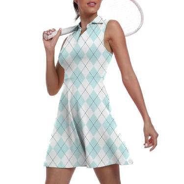 Imagem de Vestido feminino de duas peças para golfe FPS 50+ esportivo esportivo esportivo com bolso e shorts separados, 17 xadrez azul, GG