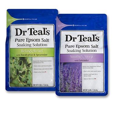 Imagem de Dr Teal's Conjunto de Presente de Solução de Imersão para Banho de Sal Epsom (Pacote com 2 Eucalipto e Lavanda, 3 Libras Cada) - Acalme e Durma, Relaxe e Alivie - Acalme Os Músculos Doloridos Em Casa - Sais Puros de Epsom e Óleos Essenciais