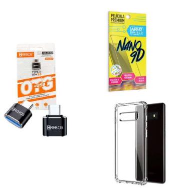 Imagem de Kit Adaptador USB para Tipo C + Capinha Samsung S10 + Película 9D - HR