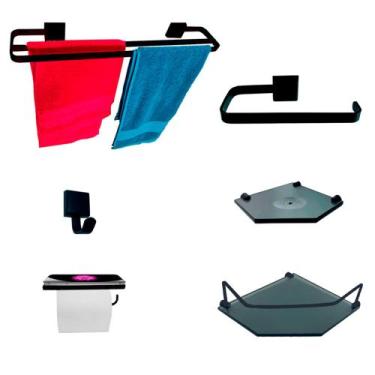 Imagem de Kit Para Banheiro Luxo Premium Preto Sextavado Vidro Fumê - VSA