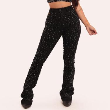 Imagem de Calça Jeans Preta Silver Shine Feminina com Strass Prata Moda Country 