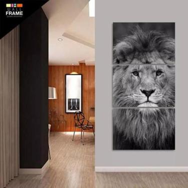 Imagem de Quadro Leão Em Preto E Branco Moderno Mosaico 3 Peças 120x60 - Wall Fr