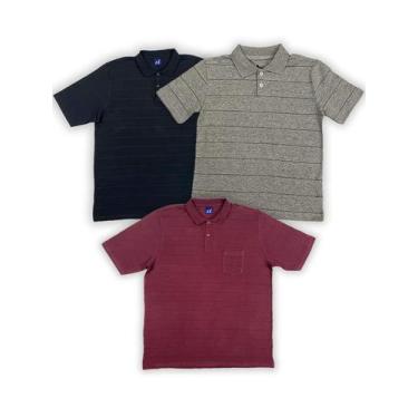 Imagem de KIT Masculino 3 Peças  - Camisa Polo Listrada Vinho, Cinza e Preto - P