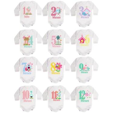 Imagem de Body Mesversario Manga Longa Jardim Encantado Kit 12 bodies de Bebê - 