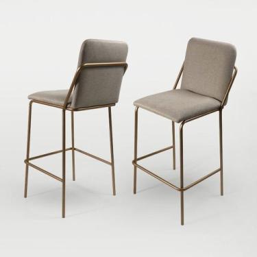 Imagem de Banqueta dourada alta com assento e encosto estofado linho bege - Nasc