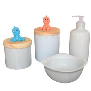 Imagem de Kit higiene bebê 4 peças Dinossauro - Potes, porta álcool e Molhadeira
