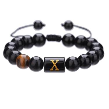 Imagem de RINTOLER Pulseiras masculinas com contas iniciais feitas à mão 10 mm natural ônix preto olho de tigre pulseira de corda trançada ajustável., Adjustable, Pedra, Olho de tigre