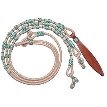 Imagem de WeavingCraft Corda natural com turquesa e nós brancos couro cru cavalo tack trançado à mão Romal Romel Ranch Rope/corda Rédeas de corda