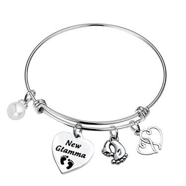 Imagem de PLITI Pulseira Grandma To Be, joias para avó, presente de aniversário, presente de aniversário para avó, presentes de Dia das Mães, para Nana Mimi, com pingente de pegada de bebê, 7 inch, Metal, aço