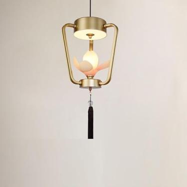 Imagem de OUFULA Luminária pendente de lótus contemporânea chinesa retrô criatividade sala de estar restaurante quarto villa hotel balcão decoração led lustre (E Gold 1 light)
