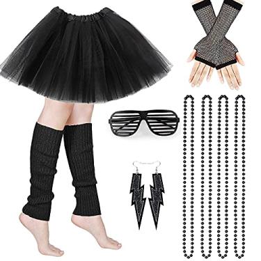 Imagem de Acecharming Conjunto de acessórios para fantasias extravagantes dos anos 70, 80, 6 em 1, conjunto de saia tutu elegante para festa temática de cosplay, Preto, One Size