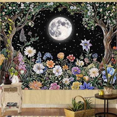 Imagem de Kanuyee Tapeçaria Boho Lua Colorida Floral Tapeçaria de Parede, Tapeçaria Fofa para Quarto Tapeçaria de Teto Tapeçaria de Parede para Quarto Sala de Estar Decoração de Parede Lua-1 177.8 cm x 228.6 cm