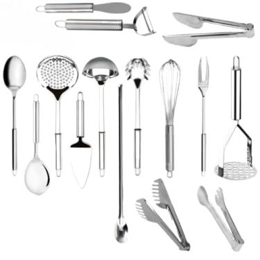 Imagem de Kit 15 Utensílios Cozinha Completa 100% Aço Inox Multiuso Linha Premium Pegadores Colheres Descascadores