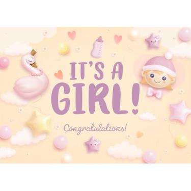 Imagem de DePhoto Faixa de fundo It's A Girl de 1,8 x 1,8 m de desenho animado estrelas cisne decoração de fundo para chá de bebê decoração de festa revelação de gênero para meninas, adereços de sessão de fotos