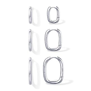 Imagem de PAVOI Conjunto de brincos de argola banhados a ouro 18 K, prata esterlina 925, 3 pares de brincos de argola de ouro grosso | Pacote de argolas retangulares leves para mulheres, Ouro branco, Zircônia cúbica