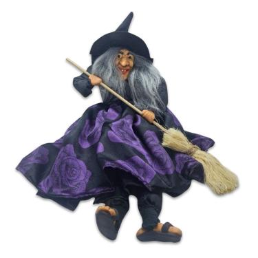 Imagem de Enfeite Bruxa com a Vassoura para Pendurar de Flor Roxa 38cm