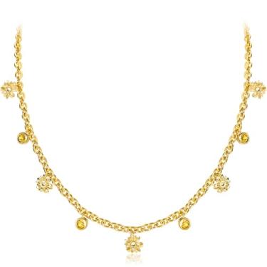 Imagem de Colar feminino com pingente de girassol dourado banhado a ouro 14K delicado amarelo redondo zircônia cúbica colar gargantilha de flor fofa margarida floral colar ajustável joia moderna presente para