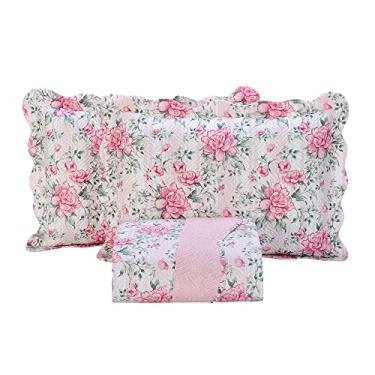 Imagem de Kit Cobre Leito Colcha King 3 Peças Boutis Estampada Dupla Face Porta Travesseiro Aba Americana (Bali Rosa)