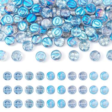 Imagem de FASHEWELRY 100 peças de contas coloridas de vogal de vidro 10 x 4,5 mm contas de alfabeto galvanizadas AEIOU contas de letra inicial para pulseira da amizade, colar, fabricação de joias (azul aço)