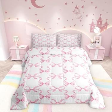 Imagem de Manfei Conjunto de edredom jovem, com laço rosa, estilo princesa, aquarela, laço, listras, rosa, branco, 3 peças, com 2 fronhas, tamanho casal