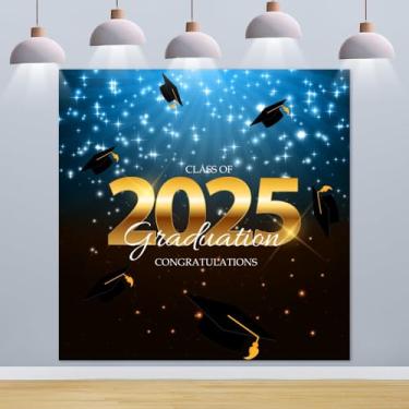 Imagem de Pano de fundo de formatura 3 x 3 m Class of 2025 boné de solteiro preto e azul Parabéns Grad Banner Pano de fundo Parabéns graduação suprimentos para festa de formatura 2025 decorações de festa de