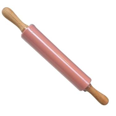 Imagem de Rolo De Massa De Silicone GiratóRio Rosa Antiaderente Para Massas De Pizza E PãEs(Rosa Antigo Cabo Madeira)