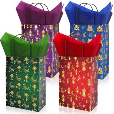 Imagem de FYSUIMU 16 sacos de papel Eid Mubarak com 20 folhas de papel de seda dourado mesquita lua estrela sacos de petiscos com alças sacos de doces para lembrancinhas de festa muçulmana do Ramadã suprimentos