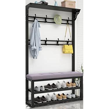 Imagem de Cabide Industrial Hall Tree Rack de sapato, prateleira de armazenamento de entrada com banco de sapatos/6 ganchos para quarto, montagem resistente e fácil