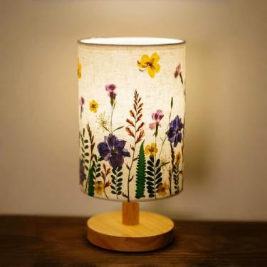 Imagem de petitepop Abajur De Flores Naturais Prensadas, Abajur De Cabeceira Com Flores Secas Led De 7 W, Abajur De Mesa Vintage Fofo Para Quarto E Escritório, Abajures Estéticos Boho Para Mesa, Decoração De