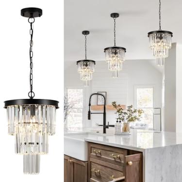 Imagem de CATINER Luminária Pendente De Cristal Preto Para Ilha De Cozinha, Mini Lustres De Cristal Modernos Para Sala De Jantar, Luminária Pendente De Teto K9 De 3 Camadas Para Corredor, Quarto, Armário