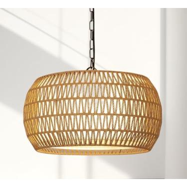 Imagem de Chousza Lustre De Vime De Fazenda, 19,2 Pol., 5 Luzes, Boho, Grande, Pendente, Lustres De Tecido Para Sala De Jantar Com Abajur De Tecido, Lustres Rústicos, Luminárias Suspensas Para Ilha De Cozinha