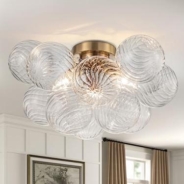 Imagem de GoYeel Lustre Semi Flush Dourado, Luminárias Modernas Montagem No Teto Iluminação Conforto Visual Pingente 3 Luzes Lustres De Jantar Sobre A Mesa Vidro 17,72 Pol. 13 Globo Transparente Giratório Par