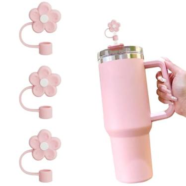 Imagem de Puprlepro Capas de canudo rosa fofas para copo Stanley 10 mm silicone reutilizável topo de canudo para copos Stanley acessórios (margarida rosa, 3 peças)