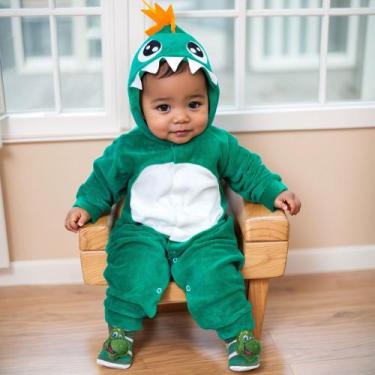 Imagem de Conjunto Dino: Macacão Plush com Capuz Bordado e Pantufa 3D Interativa